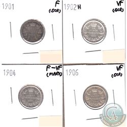 Lot of 4x Canada 10-cent Dated 1901, 1902H, 1904 & 1906 in Fine to VF (coins have various impairment