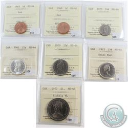 Lot of 7x Canada 1-cent, 10-cent, 25-cent & $1 ICCS Certified MS-63/64. You will receive 1963 1-cent