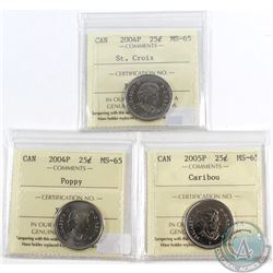 2004P St Croix, 2004P Poppy, 2005P Caribou Canada 25-cent ICCS Certified MS-65. 3pcs.