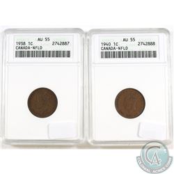 1938 and 1940 Canada 1-cent ANACS Certified AU-55. 2pcs.