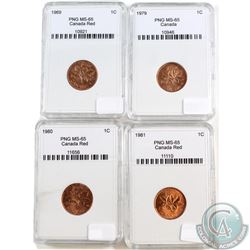 1969, 1979, 1980, 1981 Canada 1-cent PNG Certified MS-65. Please note holders may have faint scratch
