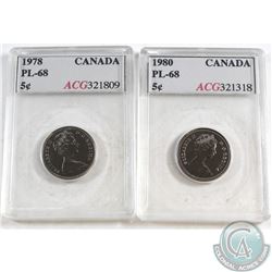 1978 Canada 5-cent ACG Certified PL-68 & 1980 Canada 5-cent ACG Certified PL-68. 2pcs.
