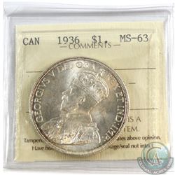 1936 Canada Silver $1 ICCS Certified MS-63