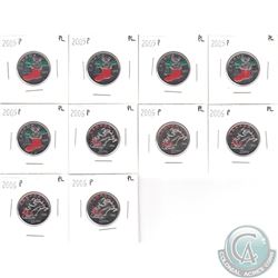 Lot of Canada Coloured Holiday (Christmas) Proof Like 25-cent. You will receive 5x 2005P & 5x 2006P.