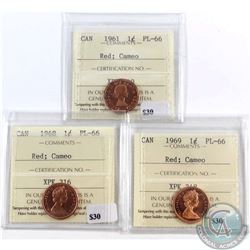 1961, 1968 & 1969 Canada 1-cent ICCS Certified PL-66 Red Cameo. 3pcs