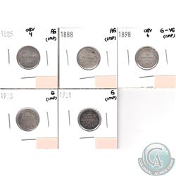 Lot of 5x Canada 10-cent Dated 1885 Obverse 4, 1888, 1898 Obverse 6, 1900 & 1901 in AG to G-VG (coin