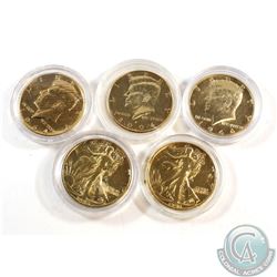 Estate Lot of USA Gold Plated Half Dollars in Capsules. You will receive 1942, 1943, 2x 1964 & 2004.