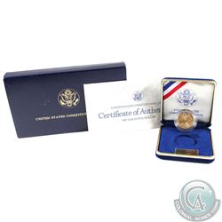 1987-W Uncirculated $5 Constitution Gold Coin with Original Mint display. Coin weighs 8.359 grams, c