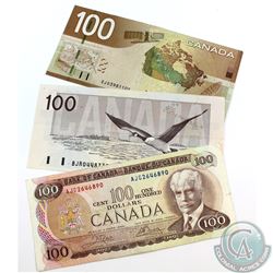 Run of Three $100.00 Notes from the Bank of Canada spaning from 1975 to 2004. Included is a 1975, 19