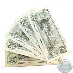 5 x 1979 $20.00 Notes with Various Signatures in Average Circulated Condition. 5 pcs.