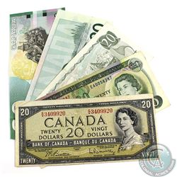 Run of Five Different $20.00 Notes ranging from 1954 to 2004. Included is a 1954, 1969, 1979, 1991 a
