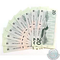 9 x 1991 $20.00 Notes with Knight-Dodge Signatures and Consecutive Serial Numbers all in UNC Conditi