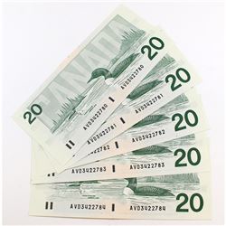 5 x 1991 $20.00 notes with Bonin-Thiessen signatures and consecutive serial numbers all in AU+ condi