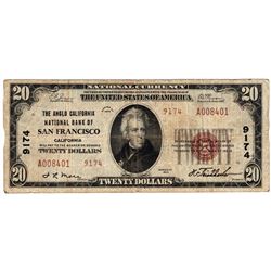 1929 $20 San Francisco CA National Currency Note Charter #9174