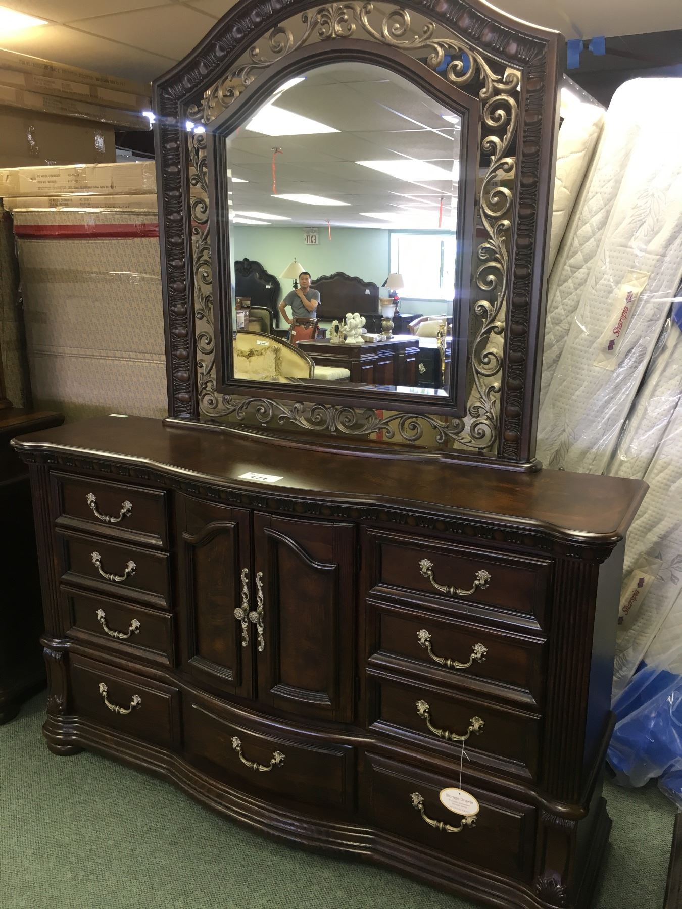 Wynwood Dark Wood Metal 9 Drawer 2 Door Armoire Dresser With Mirror