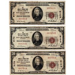 Lot (3) 1929 $20 San Francisco CA National Currency Notes - Charter 9174