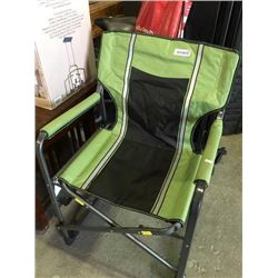 green folding camping chair with tray.