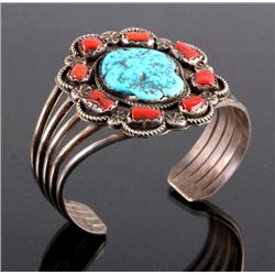 Navajo Sterling Silver Turquoise Coral Cuff