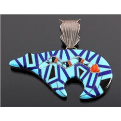 Zuni Sterling Silver Inlaid Mosaic Bear Pendant