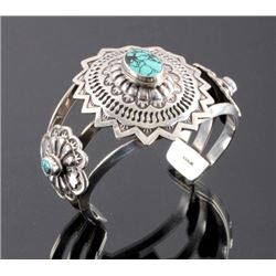 Signed Navajo Sterling Silver Turquoise Cuff