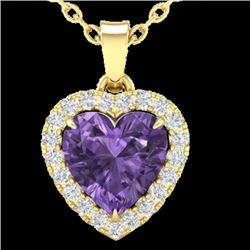1 CTW Amethyst & Micro VS/SI Diamond Heart Necklace Heart Halo 14K Yellow Gold - REF-28W4F - 21334