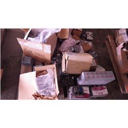 PALLET OF NEW AND USED ELEC BREAKERS, AMPLIFIERS, ETC AND FORD WATER PUMP PLUS MANUFLO ELECTRO MAGNE