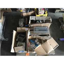 PALLET WITH FLYGT 5.9HP STATOR PUMP, MISC PARTS, AIR BRAKE POT, MISC BEARINGS, CLAMPS, HOSES, CYRUS 