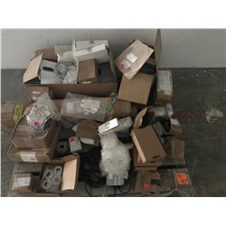 PALLET OF ELECTRICAL PARTS PLUS TECIS LOAD WEIGHT SYSTEMS, DRIVE SHAFT FOR HEAVY EQUIPMENTS, ETC