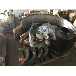 PALLET OF LARGE EQUIPMENT PARTS, FILTERS, BRAKE SHOES, AIR FILTER ASSEMBLY, FENDER, ETC