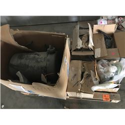 PALLET WITH AIR FILTER ASSEMBLY, 3 DETROIT DIESEL CRANK CASE BREATHERS, BOLTS, BEARINGS, SEALS, ETC