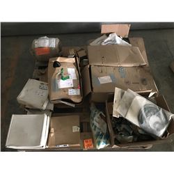 PALLET WITH FLYGT AND SANDVIK PUMP PARTS, THERMINAL BOARDS, SEALS, STATOR FOR 20HP FLYGT PUMP, ETC.