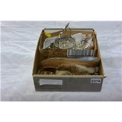 CRYSTAL DISH, BRASS BELL, AND MOCCASINS
