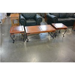 METAL AND WOOD COFFEE AND TWO ENDTABLES SET