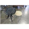 Image 1 : CAST IRON PATIO TABLE WITH GLASS TOP AND SMALL METAL CHAIR
