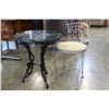 Image 2 : CAST IRON PATIO TABLE WITH GLASS TOP AND SMALL METAL CHAIR