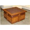 Image 1 : OAK TABLE W/ 4 STORAGE OTTOMAN CHAIRS