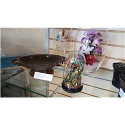 GLASS DOMES WITH GLASS FIGURE EASTERN FIGURE AND FLORAL AND WOOD MUSICAL DISH