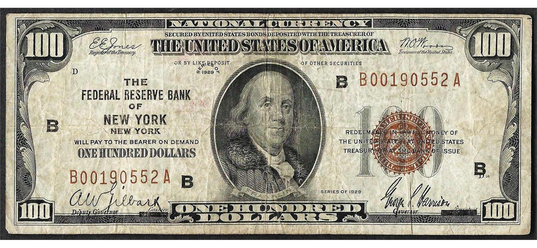 1929 100 Federal Reserve Bank of New York, NY Currency note