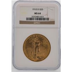 1910-D $20 St. Gaudens Double Eagle Gold Coin NGC MS64