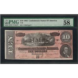 1864 $10 Confederate States of America Note T-68 PMG Choice About Uncirculated 5