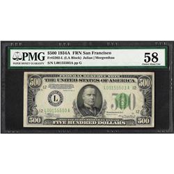 1934A $500 Federal Reserve Note San Francisco Fr.2202-L PMG Choice About Unc. 58