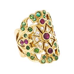 18KT Yellow Gold Emerald, Ruby and Pearl Ring