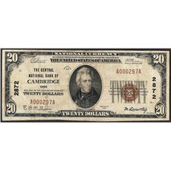 1929 $20 Central National Bank of Cambridge Currency Note CH# 2872