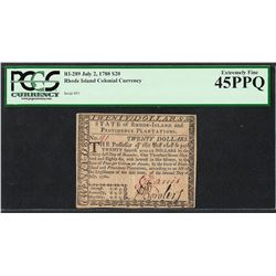 July 2, 1780 $20 Rhode Island Colonial Currency Note RI-289 PCGS Extremely Fine