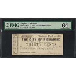 1862 Thirty Cents The City of Richmond Obsolete Note PMG Choice Uncirculated 64