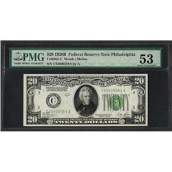 1928B $20 Federal Reserve Note Philadelphia Fr.2052-C PMG About Uncirculated 53