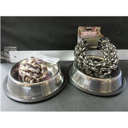 New Pet Bundle / 2 Stainless non skid Bowls / Braided Rope ball & hoop