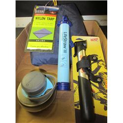 New Hiking or Biking Lot / 8x10ft Nylon Tarp / Life Straw / Mini Bike Pump &