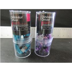 2 Pairs of Dinosaur Driver portable Headphones / blue & purple