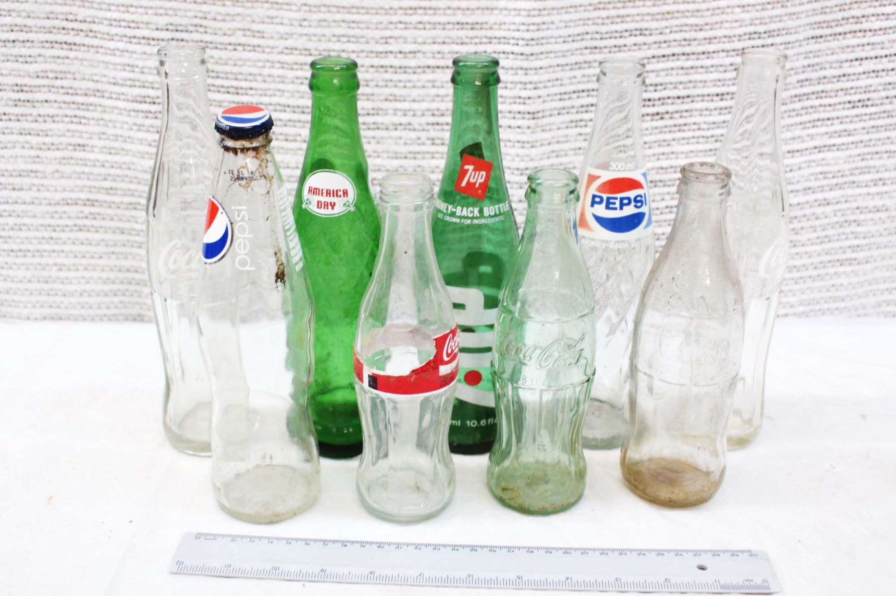 (9) Vintage Glass Pop Bottles (7UP, Coca Cola)